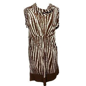 BCBG Paris Dress XS Brown Abstract Cowl Neck Short Sleeve Stretch Knee Length‎